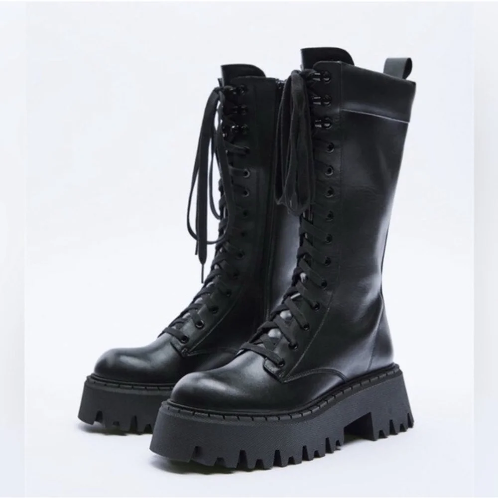 ZARA Black Vegan Leather Lace-Up Chunky Platform Combat Boots Size 8 EU 39